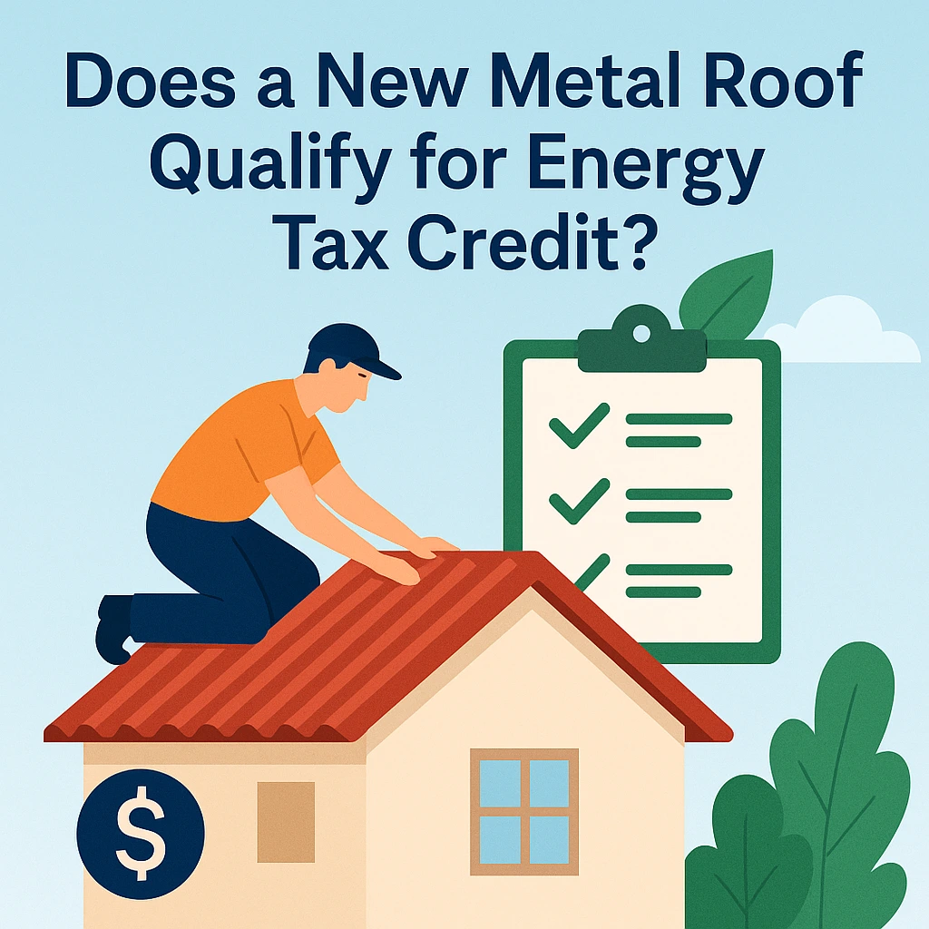 The top is navy text that says "Does a New Metal Roof Qualify for Energy Tax Credit?" A graphic of a man building a metal roof on top of a yellow house with a red roof. The sky is blue. There is a checklist above/behind him oversized to symbolize eligibility. 