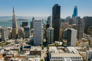 A skyline view of a city in Silicon Valley with business buildings and high rise condos.