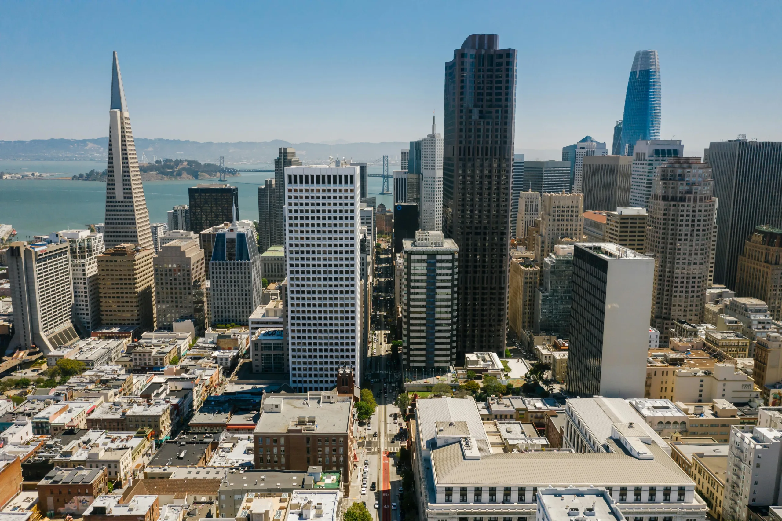 A skyline view of a city in Silicon Valley with business buildings and high rise condos.