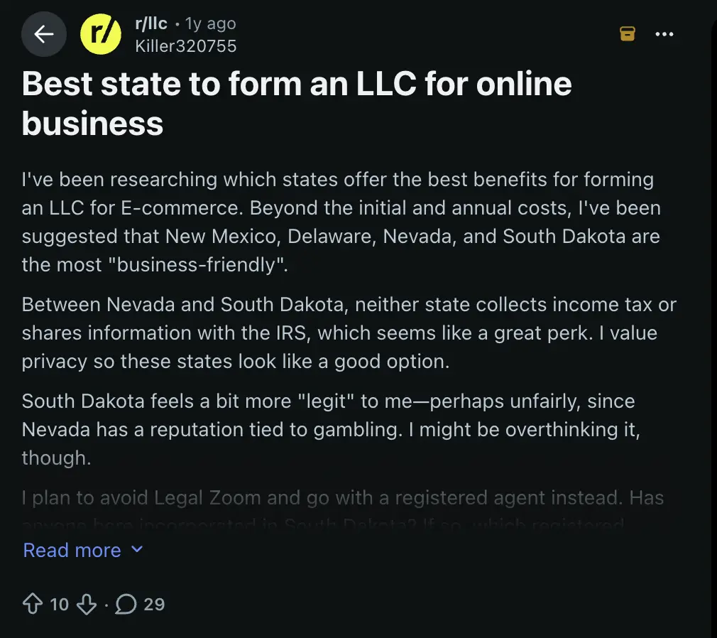 Browsing the Best State to Start an LLC Reddit Discussions