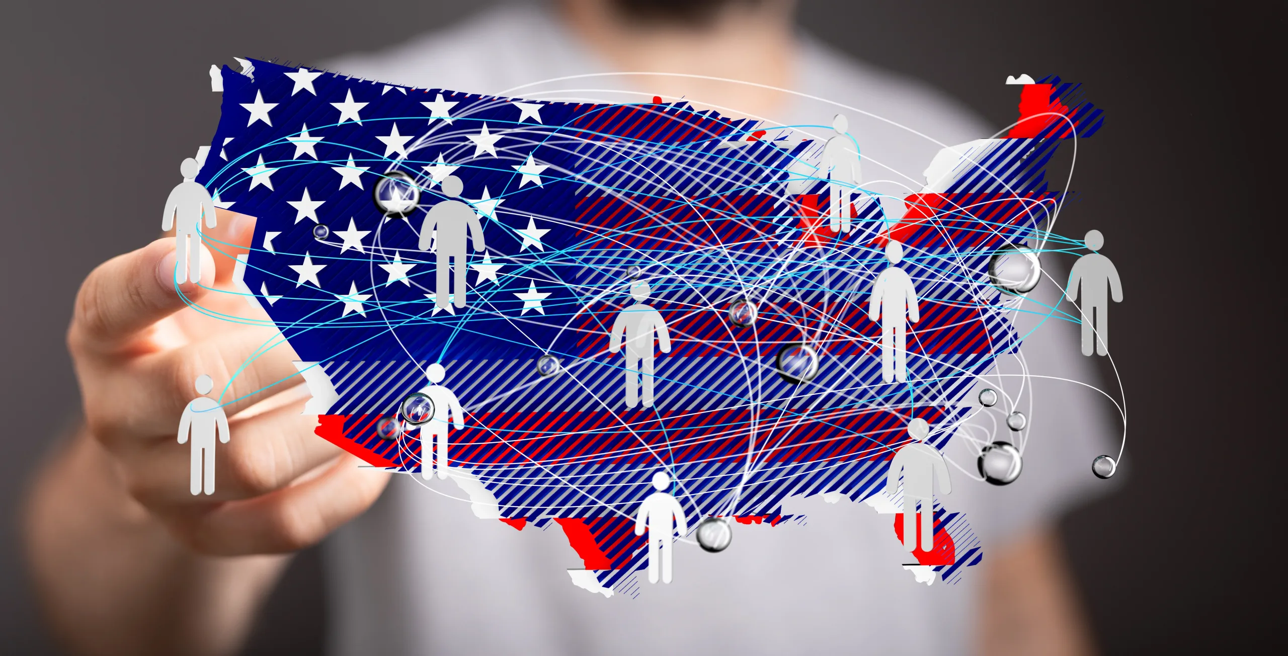 financial controller services are available nationwide on a remote basis The USA in a 2D graphic, various stick people connected across the states by lines of communication. A person is in the background, pointing toward California