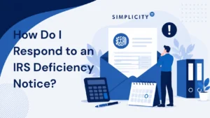 Graphic IRS notice with calculator asking how do I respond to an IRS deficiency notice