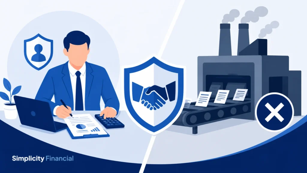 Graphic accountant reviewing finances beside shield and factory with rejection symbol
