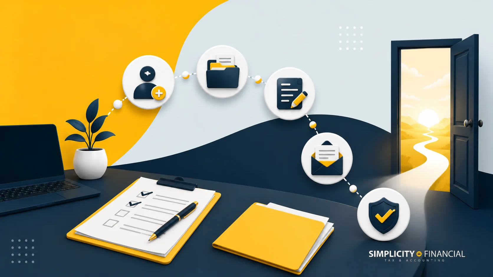 Graphic checklist and folders showing financial application process