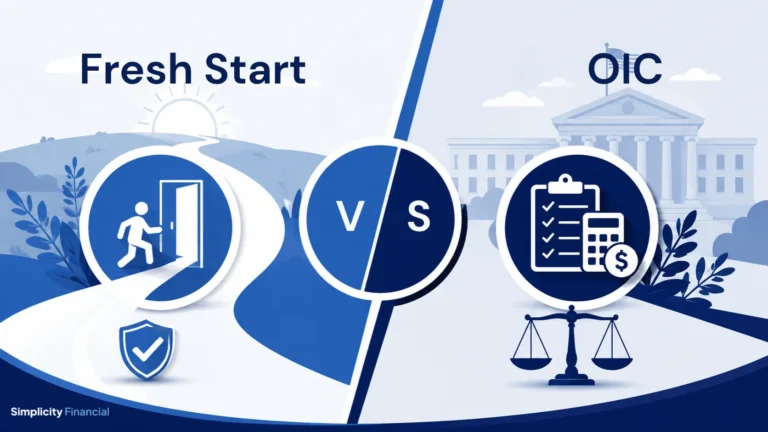 Graphic comparison of pathways and financial eligibility for IRS Fresh Start vs Offer in Compromise