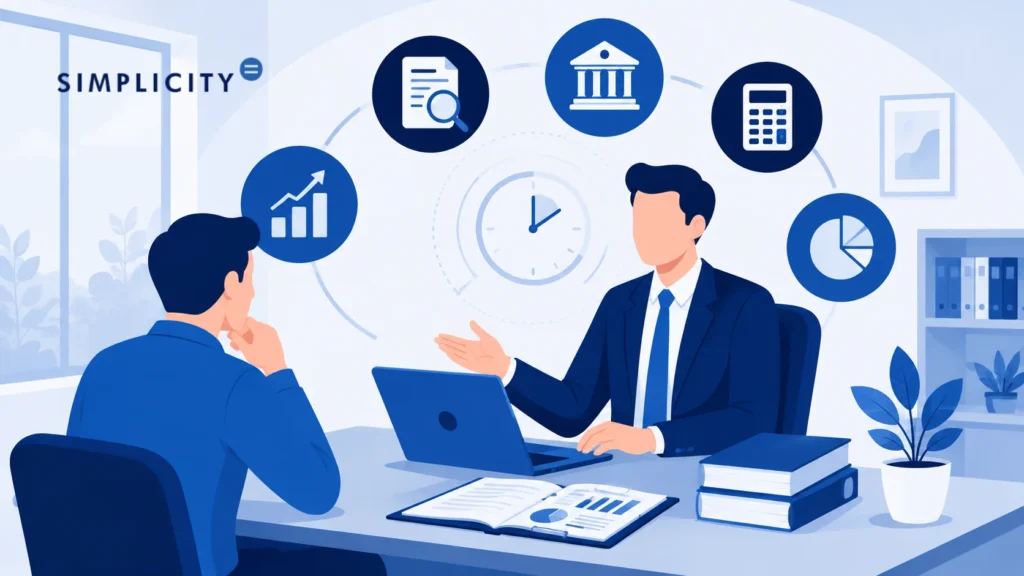 Graphic financial advisor discussing reports with client in office