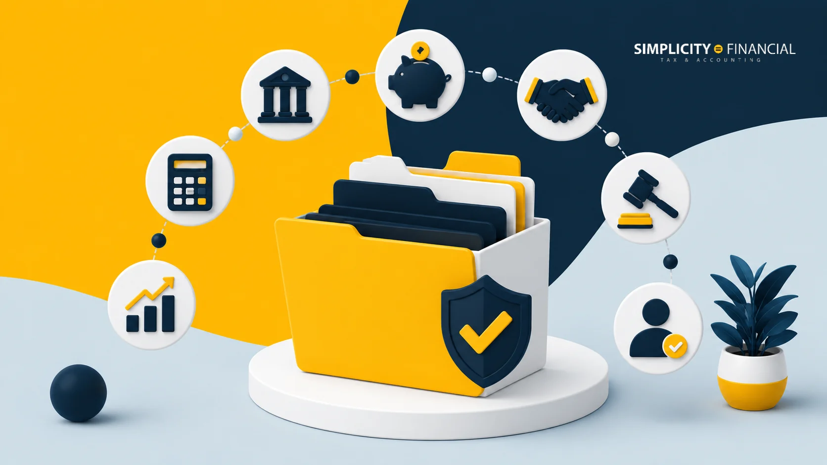 Graphic financial folder surrounded by banking legal and approval icons