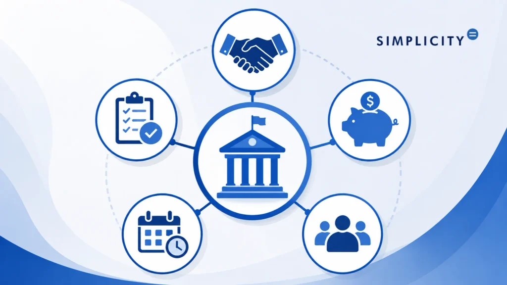 Graphic government building connected to checklist, handshake, savings, calendar, and people