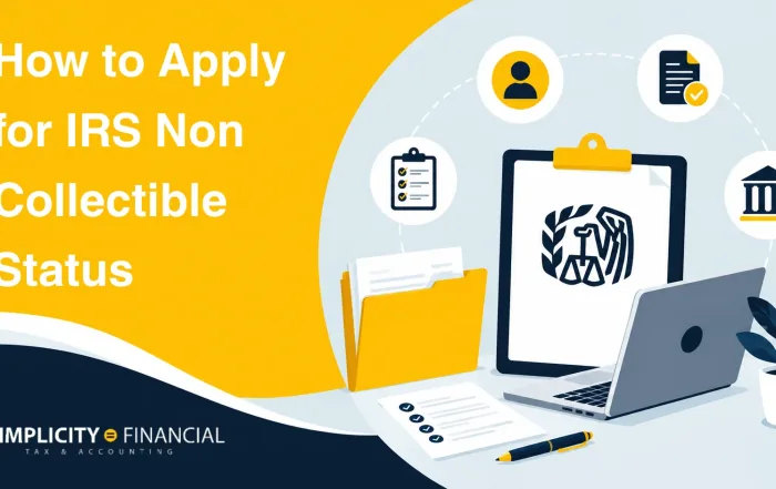 Graphic illustrating how to apply for irs non collectible status with tax documents and laptop