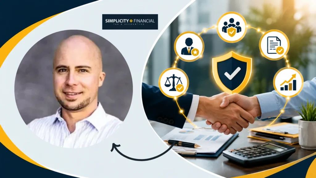Graphic professional portrait beside handshake and financial trust icons
