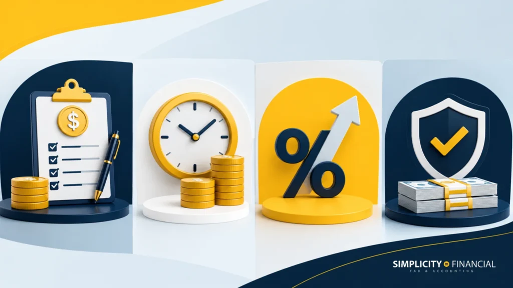 Graphic showing financial pricing icons with coins, clock, percentage, and shield