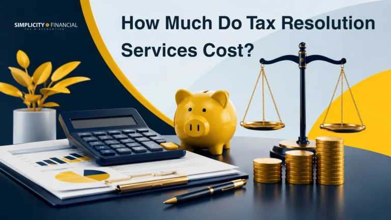 Graphic showing how much do tax resolution services cost with calculator, piggy bank, scales, and coins