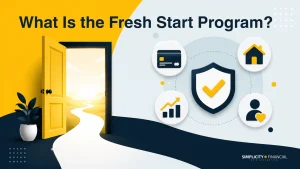 Graphic showing what is the fresh start program with open door and financial icons