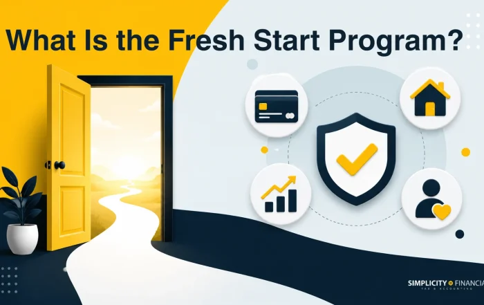 Graphic showing what is the fresh start program with open door and financial icons