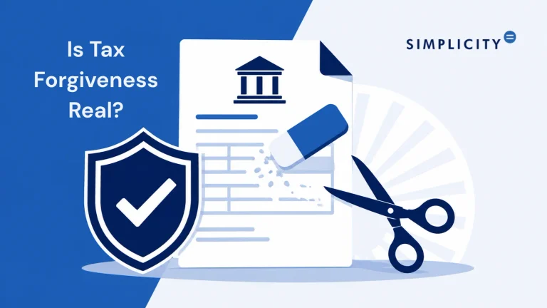 Graphic tax forgiveness document with eraser and shield asking is tax forgiveness real