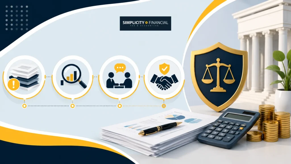 Graphic tax resolution process with documents, consultation, shield, calculator and coins