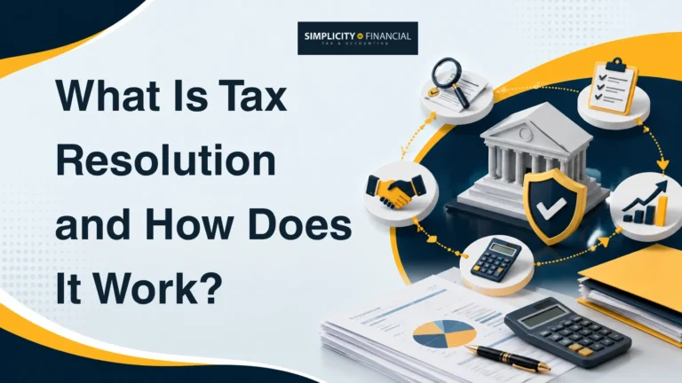 Graphic what is tax resolution process with financial documents, government building, shield and calculators