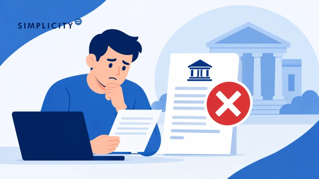 Graphic worried man reviewing document beside laptop and rejected government form