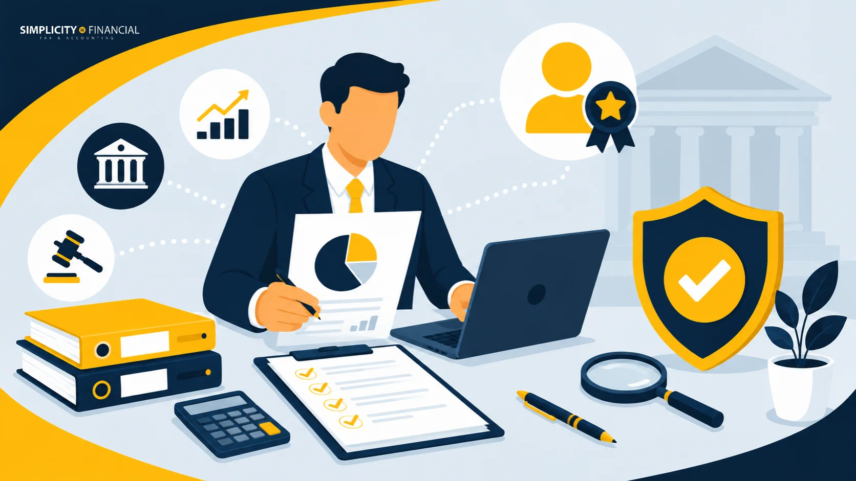 Illustration accountant reviewing reports showing how to apply for irs non collectible status with laptop