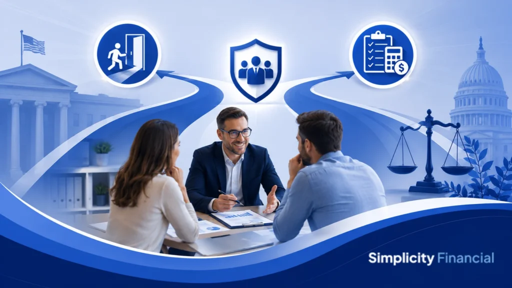 Photo financial advisor discussing tax options with couple in office