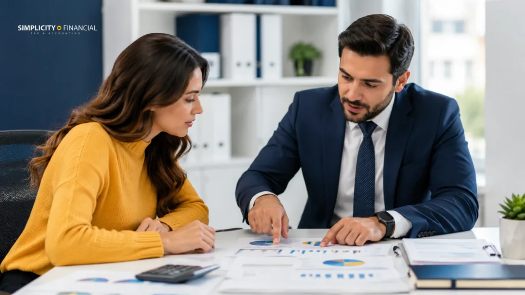 Photo financial advisor reviewing reports with client discussing what is tax resolution