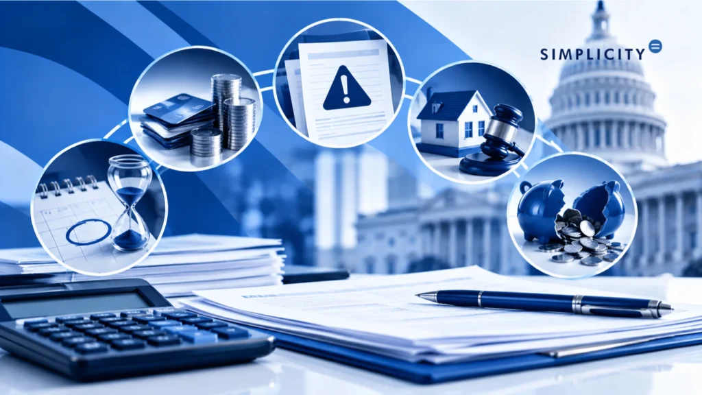 Graphic of form 843 penalty abatement symbols above calculator and documents