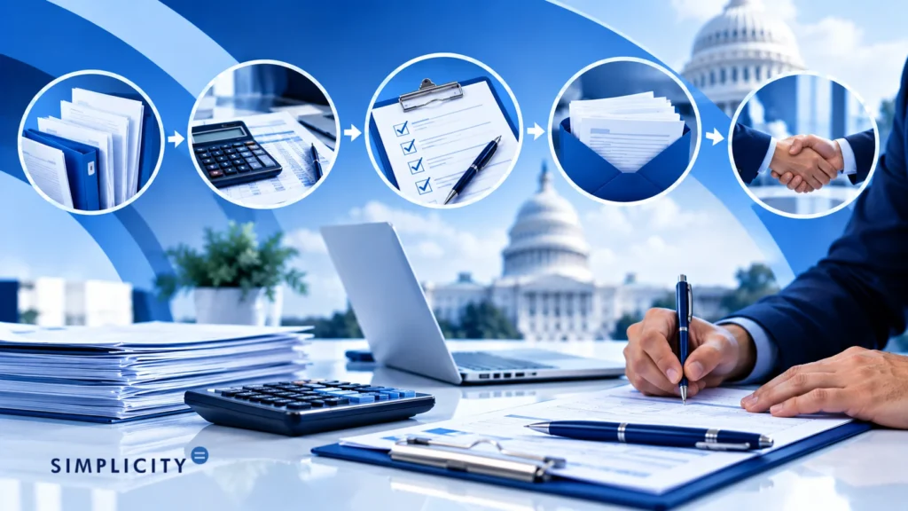 Graphic of paperwork process with calculator, checklist, envelope and handshake