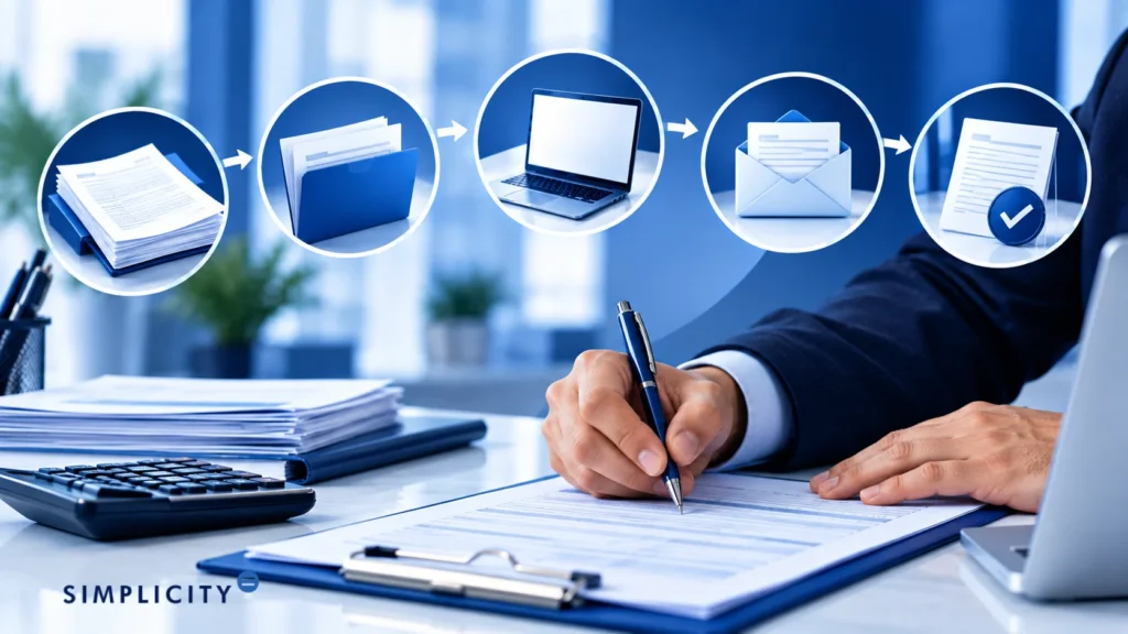 Graphic of person completing paperwork below document submission process icons