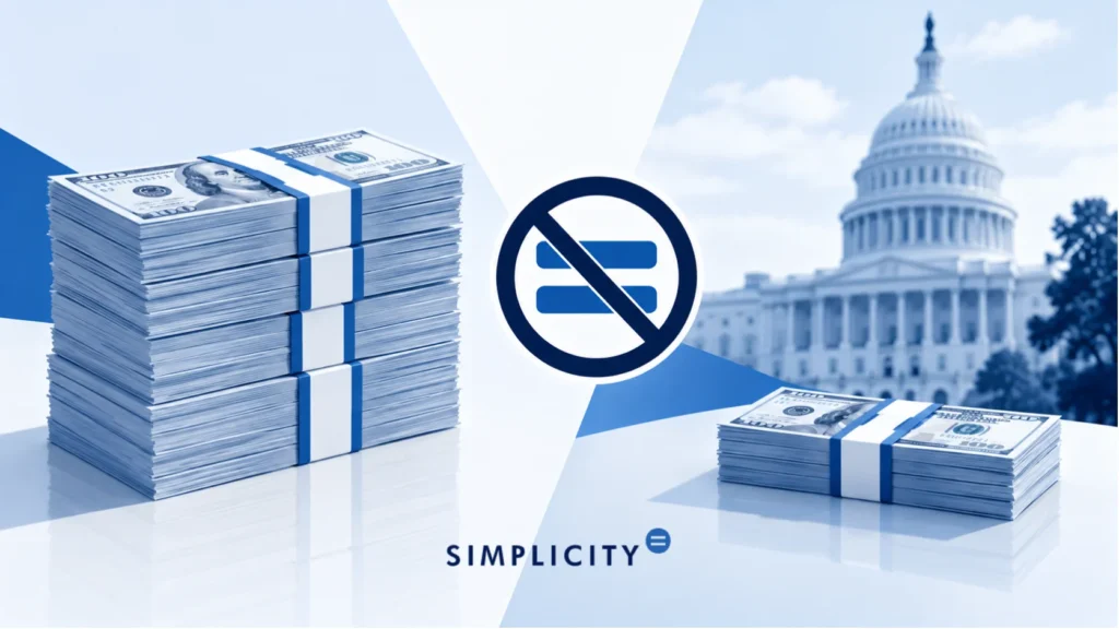 Illustration cash stacks separated by prohibition symbol near Capitol