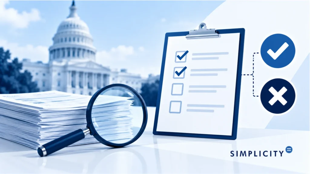 Illustration checklist and magnifying glass beside government building