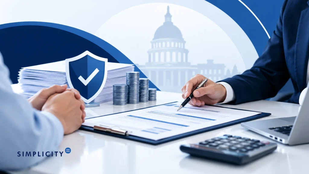Image of advisor reviewing financial documents with shield and coin stacks