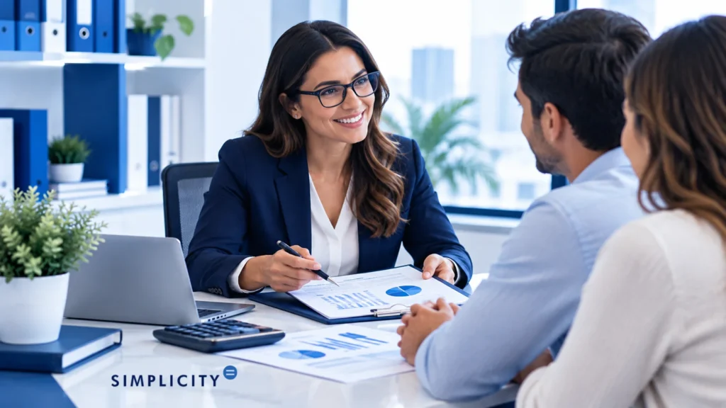Image of advisor showing financial charts to two clients at an office desk