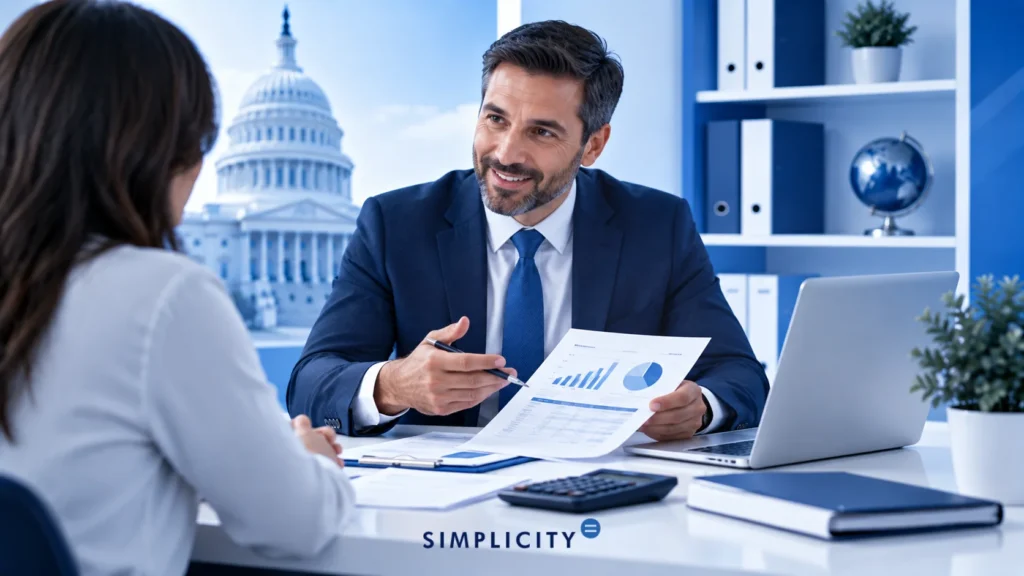 Image of advisor showing financial charts to woman during office meeting