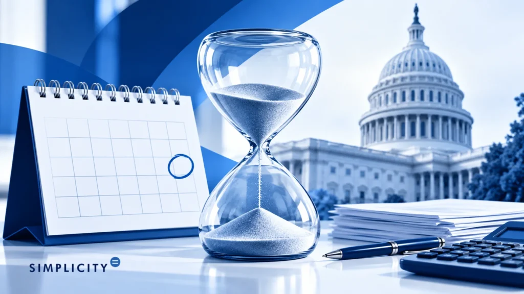 Image of hourglass beside calendar, documents, calculator and Capitol building