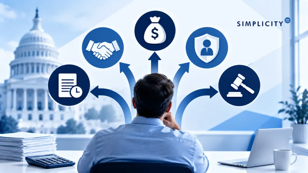 Image of man at desk viewing financial options with icons and arrows