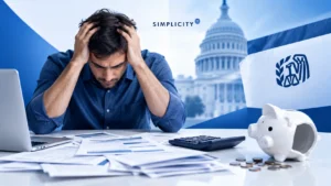 Image of man with bills and broken piggy bank, showing what happens if you can't afford to pay taxes