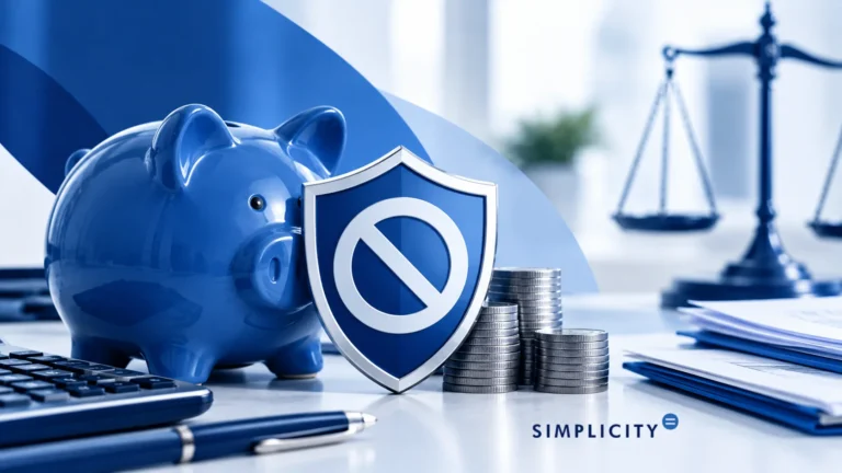 Image of piggy bank with shield beside stacks of coins and scales