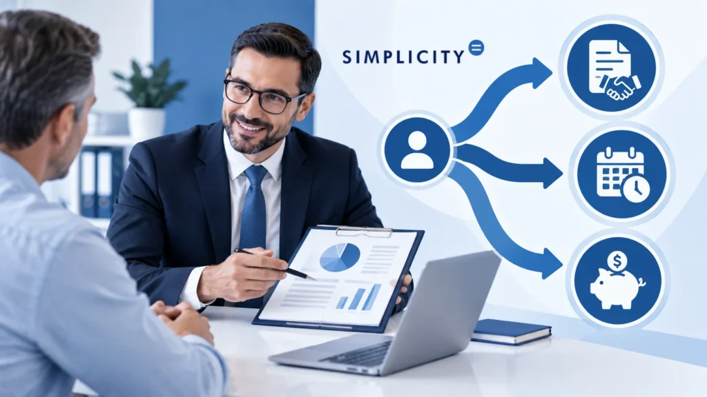 Photo of CPA showing client reports with planning icons