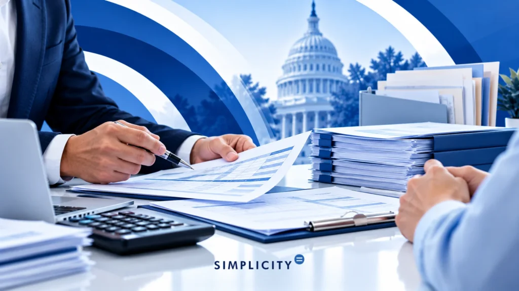 Graphic advisor reviewing financial documents with client beside calculator and laptop