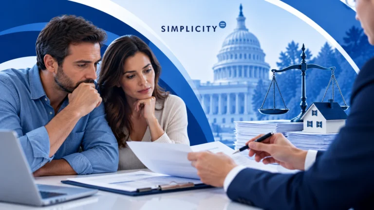 Graphic couple reviewing documents illustrating what is innocent spouse relief with advisor