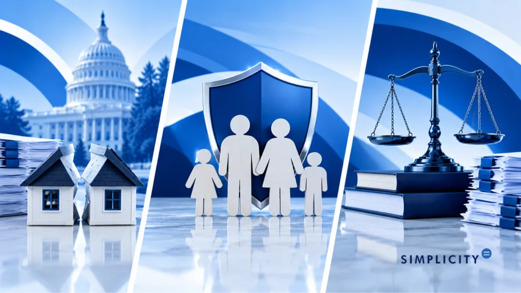 Graphic of separation of liability relief with split houses, family shield and scales