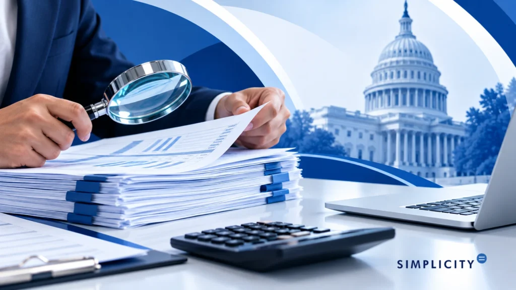 Graphic person reviewing financial documents with magnifying glass beside calculator and laptop