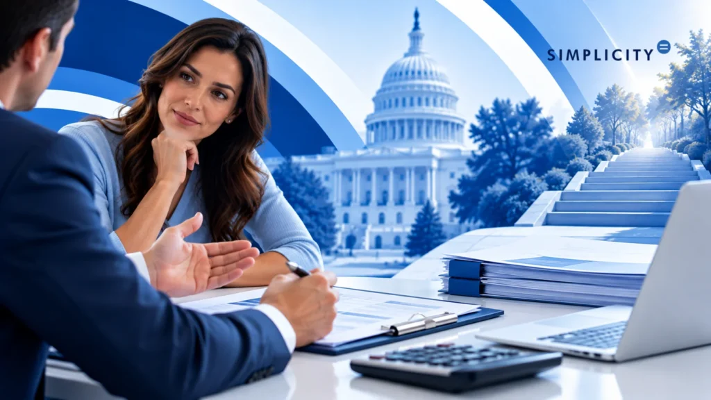 Graphic woman in consultation illustrating what is innocent spouse relief with financial documents