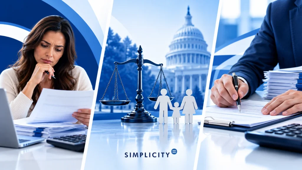 Graphic woman reviewing documents beside family figures, balance scale, and financial advisor
