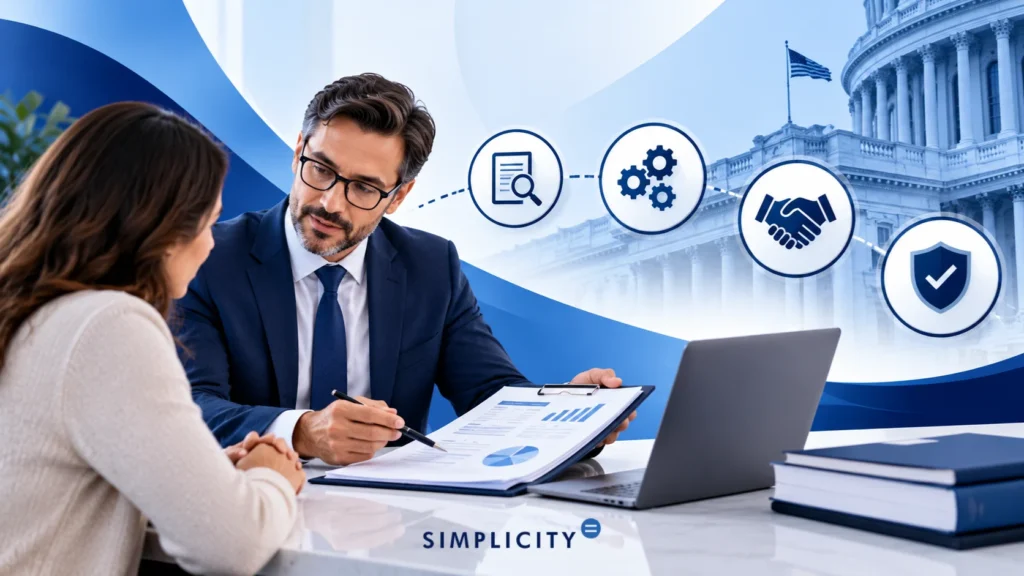 Image of advisor showing financial charts to woman with process icons behind them
