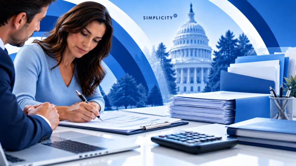 Image of woman completing paperwork with advisor beside documents and calculator